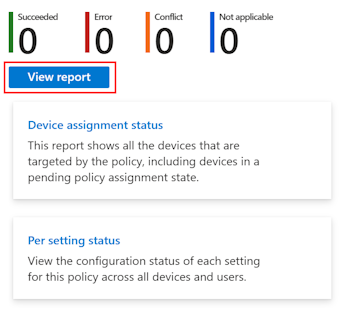 Microsoft Intune ve Intune yönetim merkezinde cihazın ve kullanıcının giriş durumunu almak için cihaz yapılandırma ilkesinde raporu görüntülemeyi seçmeyi gösteren ekran görüntüsü.