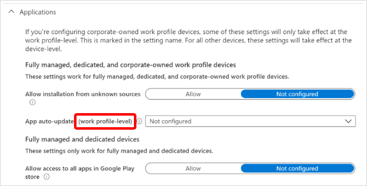 Microsoft Intune'da şirkete ait iş profili düzeyinde uygulanan Android Kurumsal uygulama ayarlarını gösteren ekran görüntüsü.