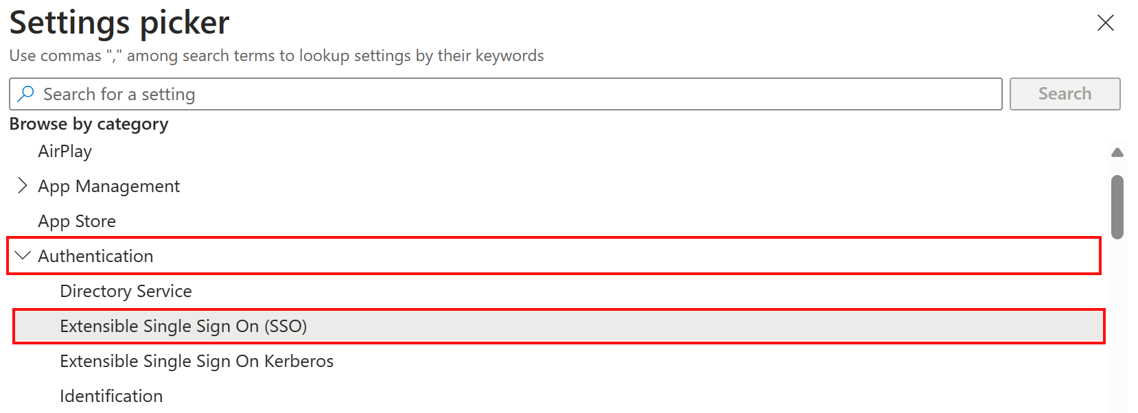 Ayarlar Kataloğu ayarları seçicisini ve Microsoft Intune'da kimlik doğrulaması ve genişletilebilir SSO kategorisini seçmeyi gösteren ekran görüntüsü.