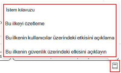 Microsoft Intune ve Intune yönetim merkezindeki ayarlar kataloğunda Copilot ilke istemi kılavuzunu ve kullanılabilir istemlerin listesini gösteren ekran görüntüsü.