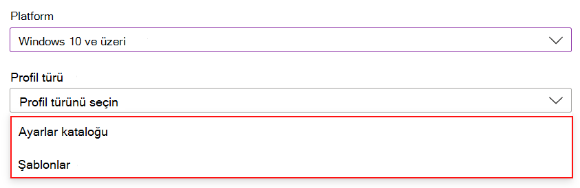 Windows veya macOS ilkesi oluşturduğunuzda, Microsoft Intune ve Intune yönetim merkezinde ayarlar kataloğunu veya şablonları seçtiğinizde gösteren ekran görüntüsü.