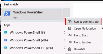 Windows PowerShell'in yönetici olarak nasıl çalıştırıldığını gösteren ekran görüntüsü.