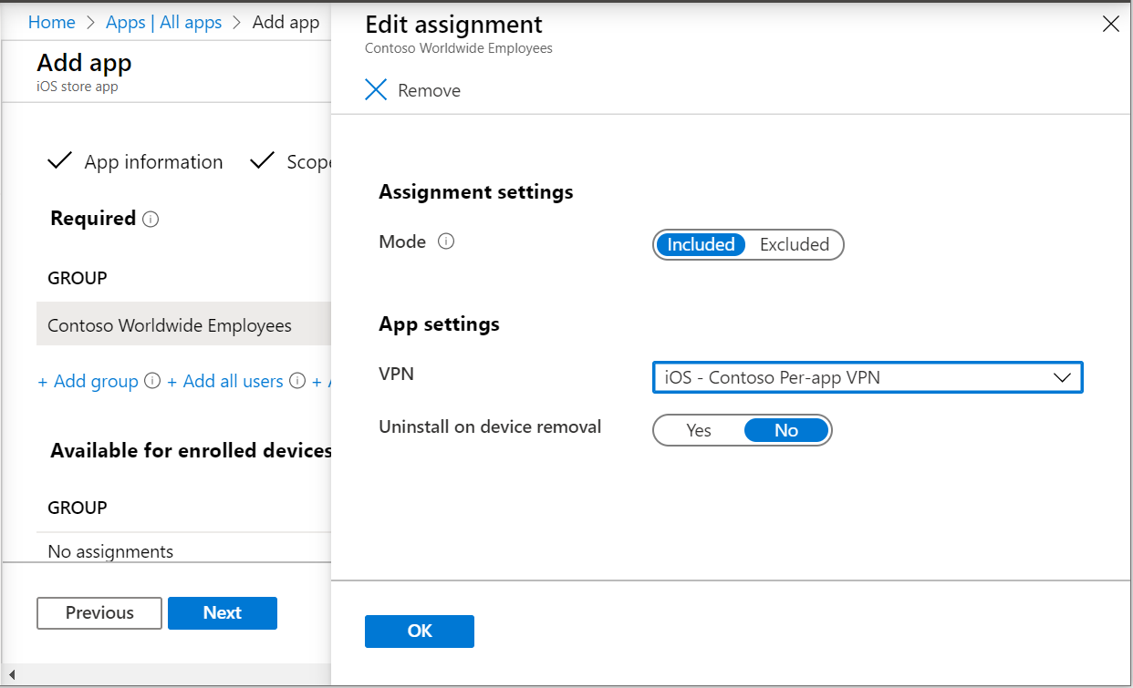 Microsoft Intune ve Intune yönetim merkezinde uygulama başına VPN profiline uygulama atamayı gösteren iki ekran görüntüsü.