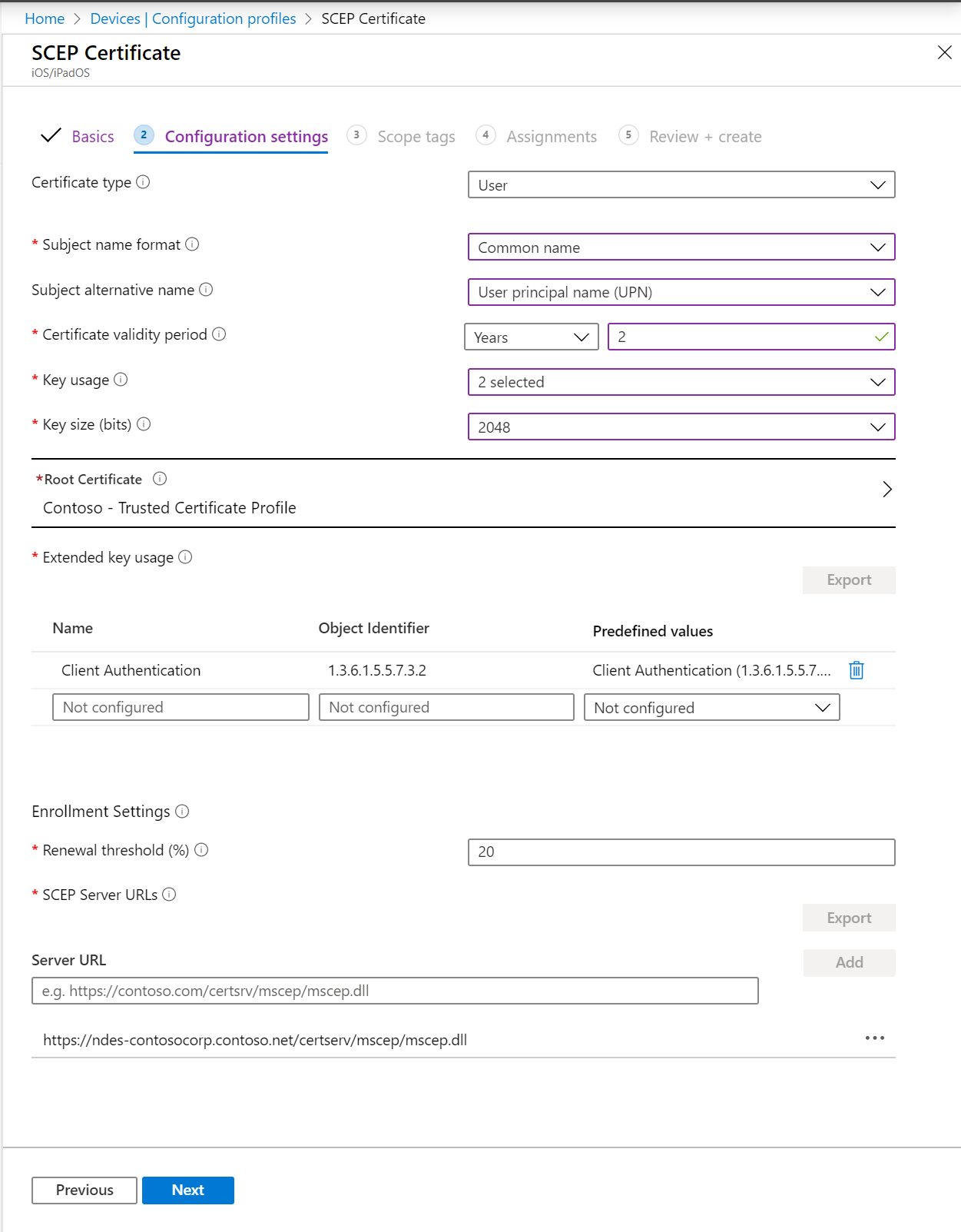 Microsoft Intune ve Intune yönetim merkezinde bir SCEP sertifika profili oluşturun. Konu adı biçimini, anahtar kullanımını, genişletilmiş anahtar kullanımını ve daha fazlasını ekleyin.