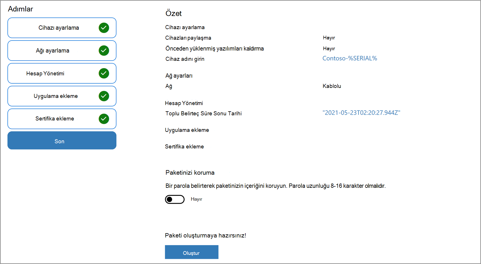 Windows Yapılandırma Tasarımcısı uygulamasında paket korumasının ekran görüntüsü