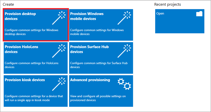 Windows Yapılandırma Tasarımcısı uygulamasında Masaüstü cihazları sağla'nın seçilmesinin ekran görüntüsü