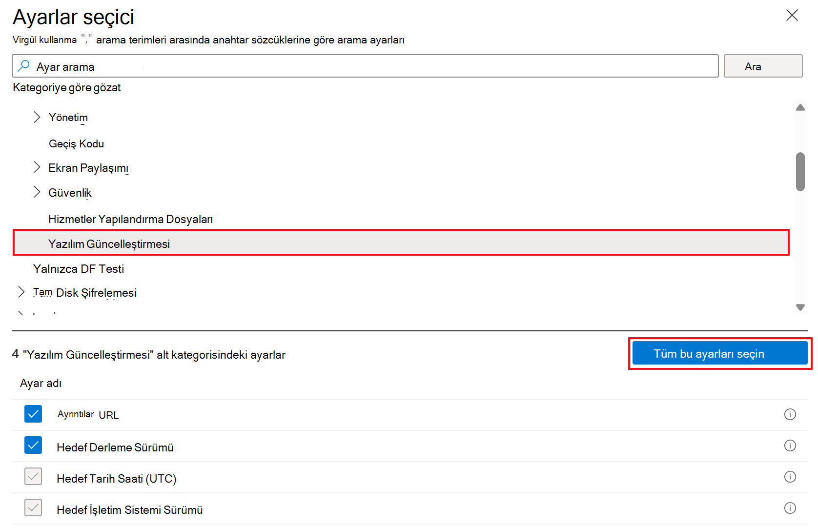 Microsoft Intune'da Apple cihazları için ayarlar kataloğu yazılım güncelleştirme ayarlarını gösteren ekran görüntüsü.