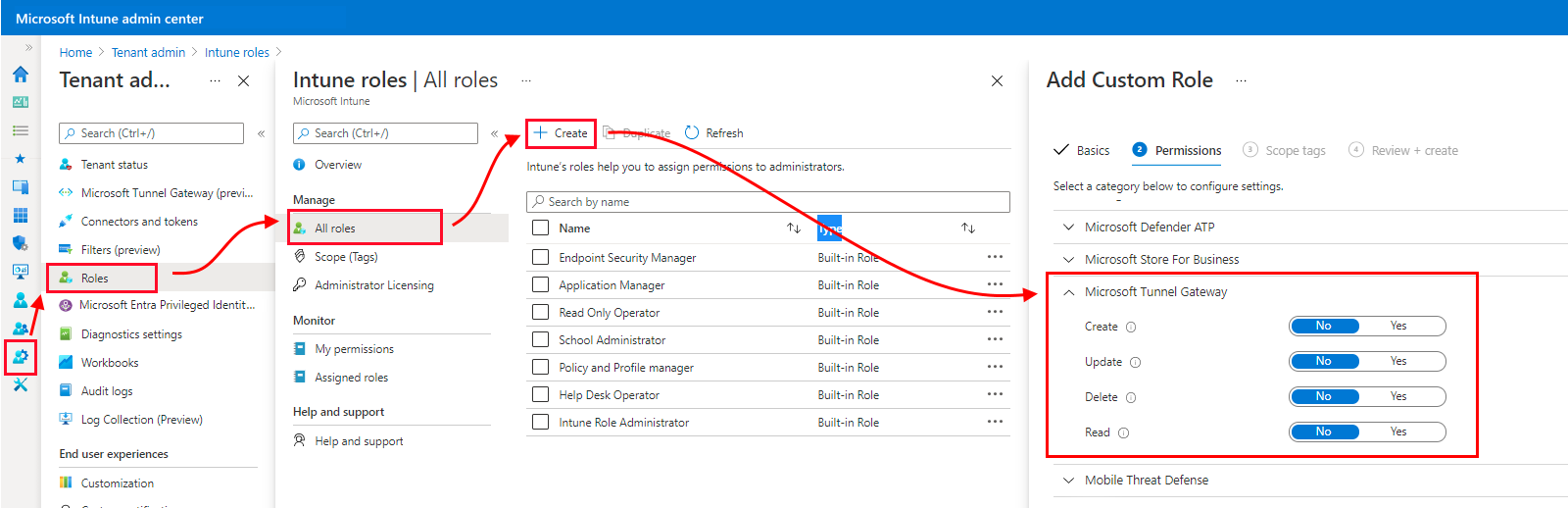 Microsoft Intune yönetim merkezinde tünel ağ geçidi izinlerinin ekran görüntüsü.