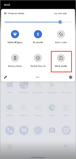 Google Pixel 4 hızlı ayarlarında etkin olmayan iş profili simgesinin ekran görüntüsü.