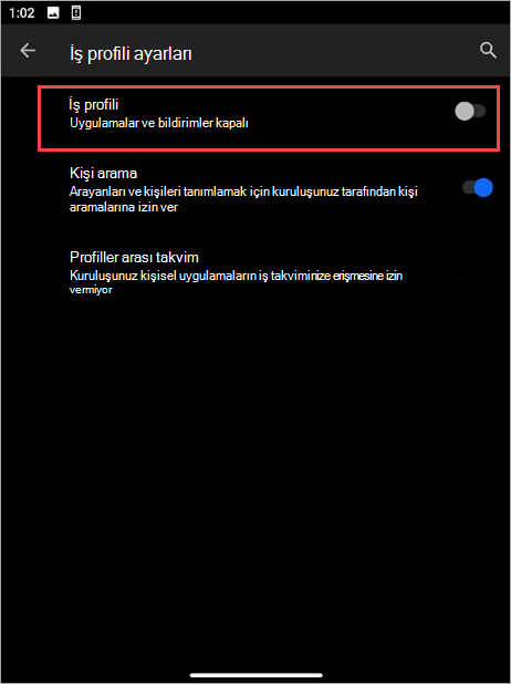 Surface Duo cihaz ayarlarında kapalı olan İş profili iki durumlu düğmenin ekran görüntüsü.