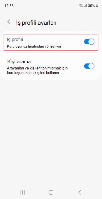 Samsung Galaxy S20 cihaz ayarlarında İş profili iki durumlu düğmenin açık ekran görüntüsü.