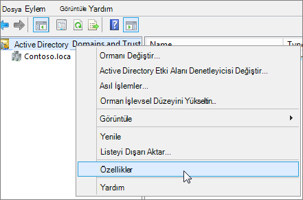 Active Directory Etki Alanları ve Güvenleri'ne sağ tıklayın ve Özellikler'i seçin.