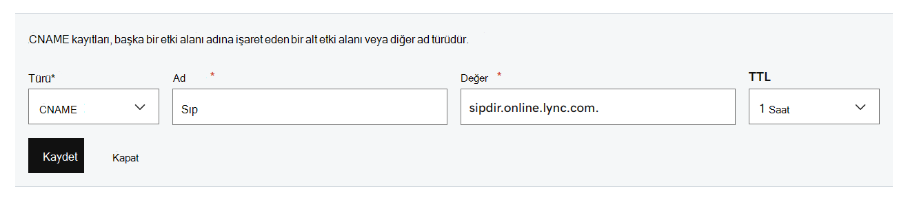 Microsoft Teams için CNAME kayıtlarının tablosundaki değerleri doldurun.