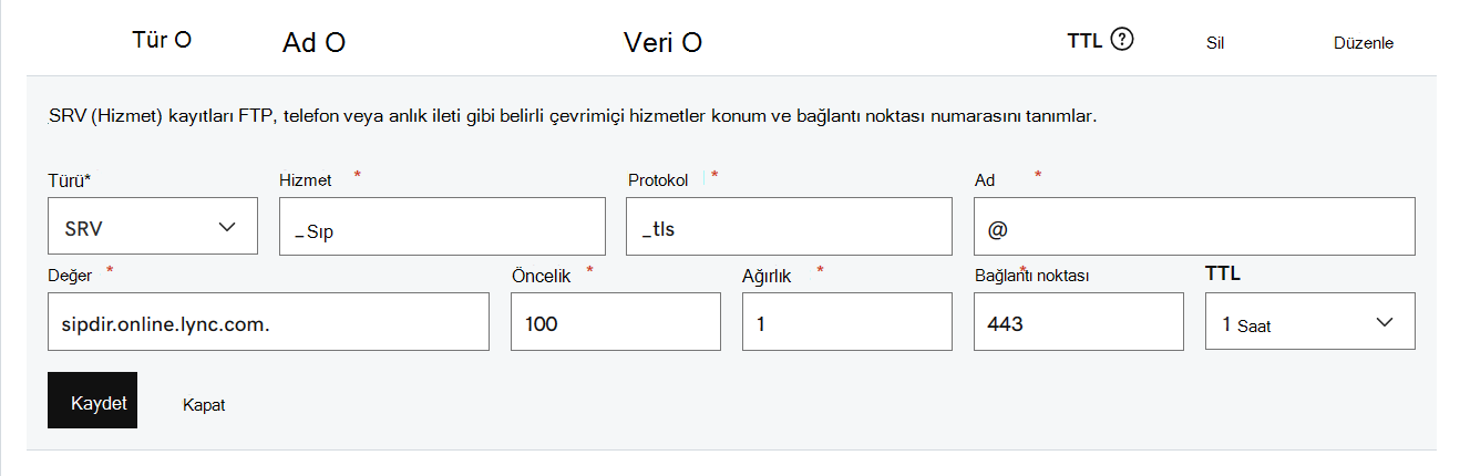 SRV kayıtlarının tablosundaki değerleri doldurun.