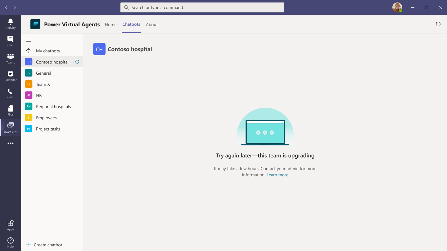 Daha sonra tekrar deneyin Bu takım yükseltiliyor iletisinin gösterildiği Teams'de Power Virtual Agent uygulamasının ekran görüntüsü.