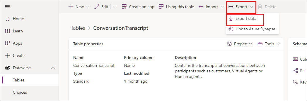 ConversationTranscript tablosu Verileri dışarı aktar seçeneğinin ekran görüntüsü.