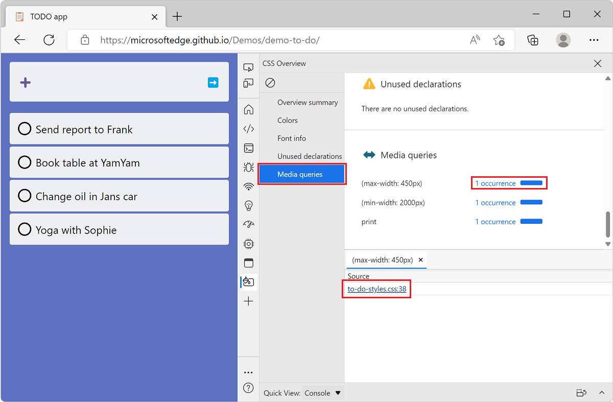 Microsoft Edge, with the TODO list demo app and DevTools, showing the media queries section of the Overview tool, and the list of files that contain a given media query