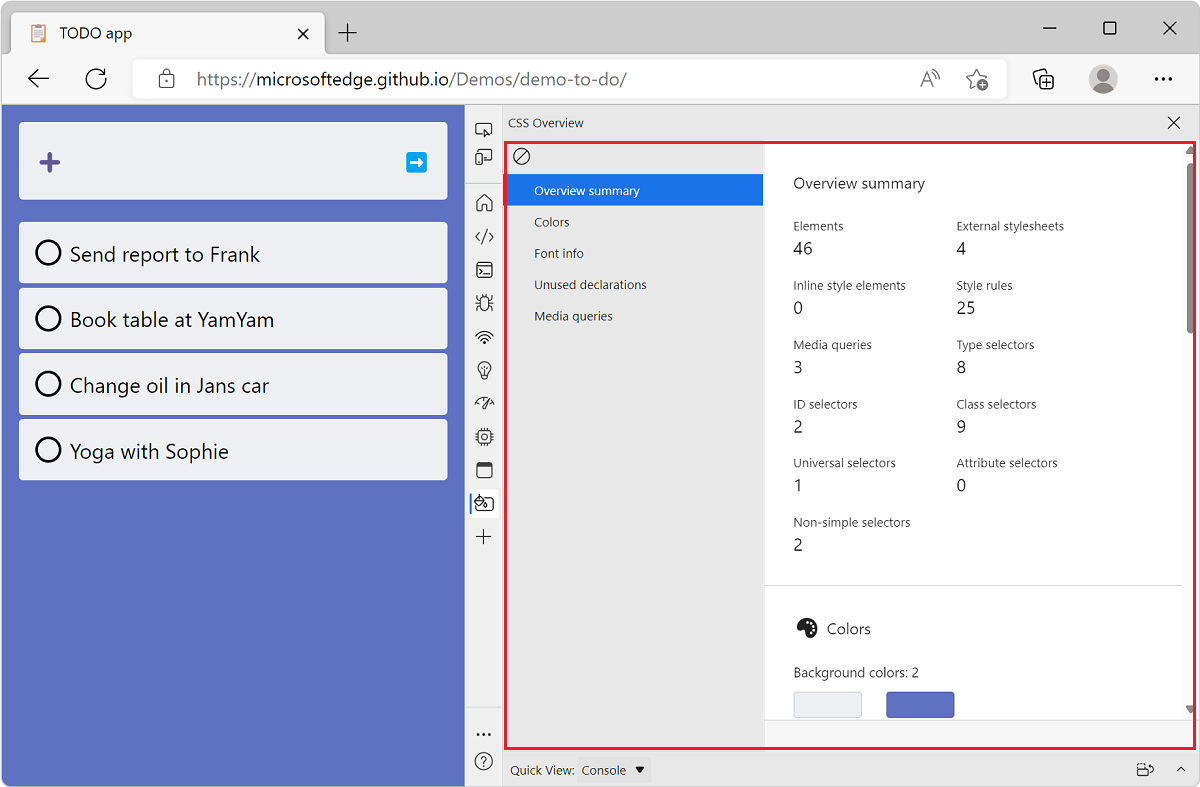 Microsoft Edge, with the TODO list demo app, and DevTools next to it, showing the CSS Overview report for that site