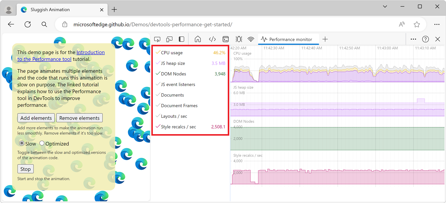 The Performance monitor sidebar, showing various metrics that can be toggled