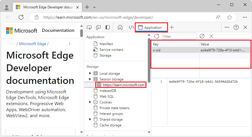 The sessionStorage key-value pairs