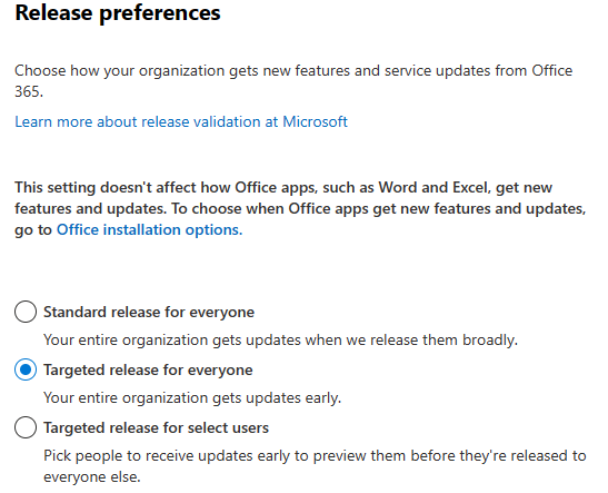 The screenshot is an example that shows the Microsoft 365 admin center 'Release preferences' menu with Targeted Release option selected.