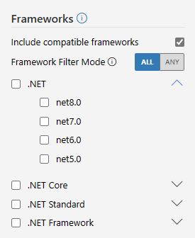 Screenshot that shows the Framework filters on nuget.org.