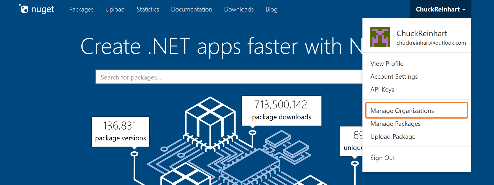 Yönetici Kuruluşları için NuGet.org menü seçeneği