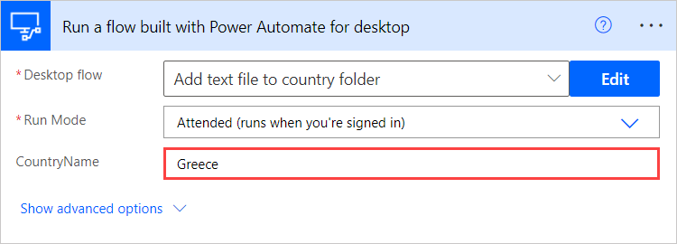 Masaüstü için Power Automate ile oluşturulmuş akış çalıştır eylemindeki input değişkenlerinin ekran görüntüsü.