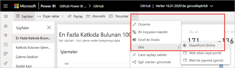 SharePoint Online'ın vurgulandığı Diğer seçenekler menüsünü gösteren ekran görüntüsü.