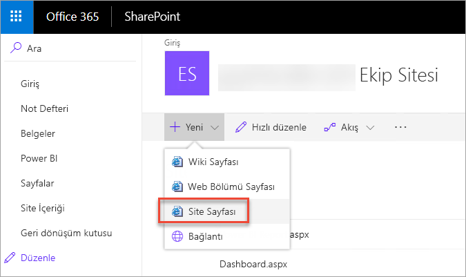 SharePoint penceresinin ekran görüntüsü. Sayfalar gezinti bölmesinde vurgulanır. Site sayfası seçili.