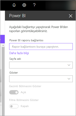 Power BI rapor bağlantısının vurgulandığı SharePoint yeni web bölümü özelliklerinin ekran görüntüsü.