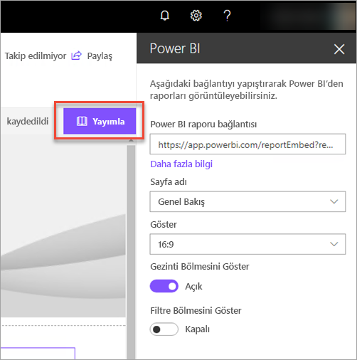 Yayımla seçeneğinin seçili olduğunu gösteren Power Power BI rapor bağlantısının ekran görüntüsü.