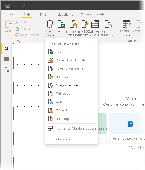 Power BI Desktop'ta Veri al öğesini ve Ortak veri türleri menüsünü gösteren ekran görüntüsü.