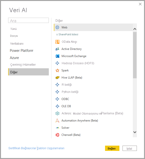 Veri Al iletişim kutusundaki Diğer kategorisinde Web'in seçili olduğunu gösteren ekran görüntüsü.