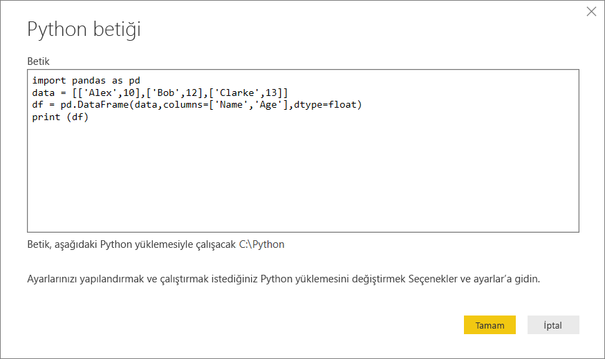 Örnek Python betiğini Python betiği iletişim kutusuna yapıştırmayı gösteren ekran görüntüsü.