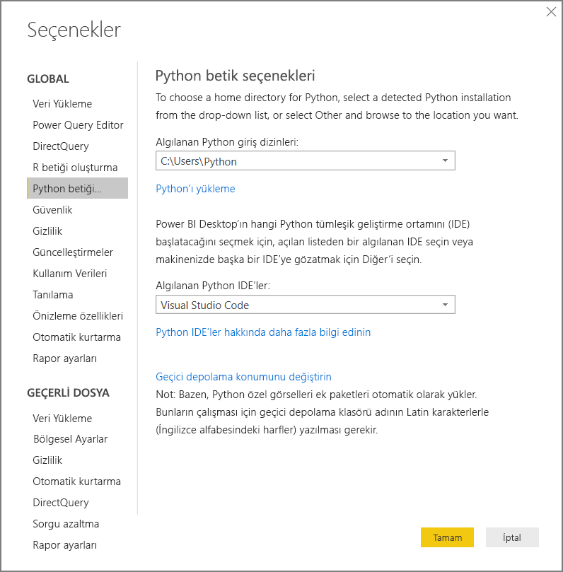 Power BI Desktop için Python betik seçeneklerini gösteren ekran görüntüsü.