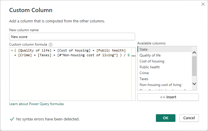 formül hataları düzeltildi Power Query Düzenleyicisi Özel Sütun iletişim kutusunun ekran görüntüsü.