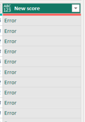 Power Query Düzenleyicisi ve Hata değerlerini içeren Yeni puan sütununun ekran görüntüsü.
