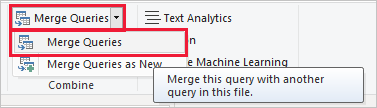 Power Query Düzenleyicisi Birleştirme Sorguları öğesinin vurgulandığı Sorguları Birleştir açılan listesinin ekran görüntüsü.