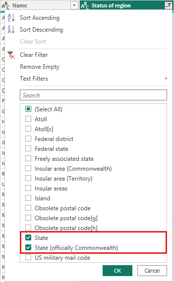 Yalnızca Durum değerinin seçili olduğu bir sütun filtresini gösteren Power Query Düzenleyicisi ekran görüntüsü.