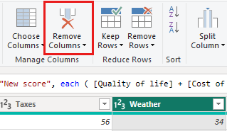 Sütunları Kaldır düğmesinin vurgulandığı Power Query Düzenleyicisi Giriş menüsünün ekran görüntüsü.