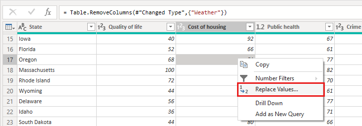 Değerleri Değiştir sağ tıklama menü öğesinin vurgulandığı Konut maliyeti sütununu gösteren Power Query Düzenleyicisi penceresinin ekran görüntüsü.