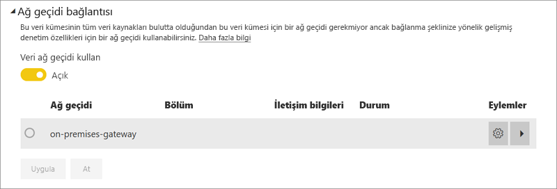 Power BI hizmeti Ağ Geçidi bağlantısı iletişim kutusunun ekran görüntüsü.