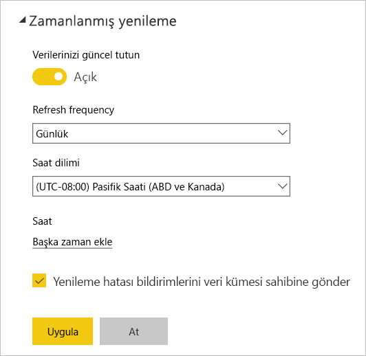 Power BI hizmeti Zamanlanmış yenileme iletişim kutusunun ekran görüntüsü.