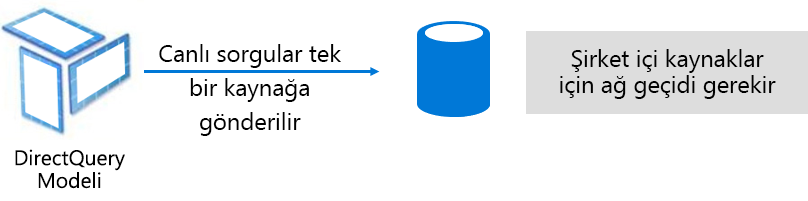 Diagram shows how DirectQuery model issues native queries to the underlying data source.