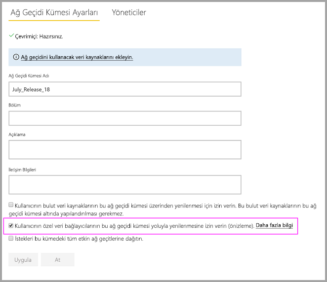 Screenshot that shows enabling custom connectors on the on-premises gateway Settings page.