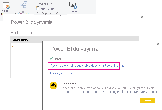 Power BI'da Yayımla ekranının ekran görüntüsü.