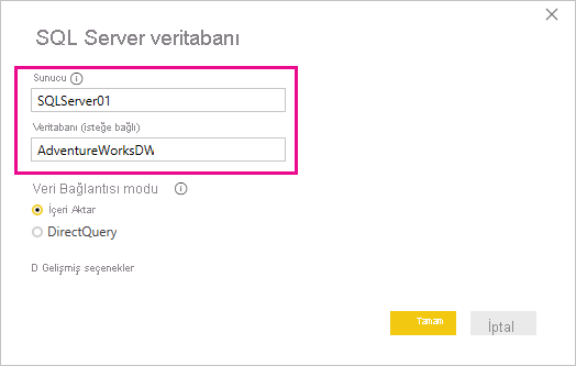 SQL Server veritabanı iletişim kutusunun ekran görüntüsü.