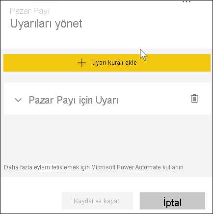 Pazar Payı Uyarısı uyarısının görünür olduğu uyarıları yönetme penceresini gösteren ekran görüntüsü.