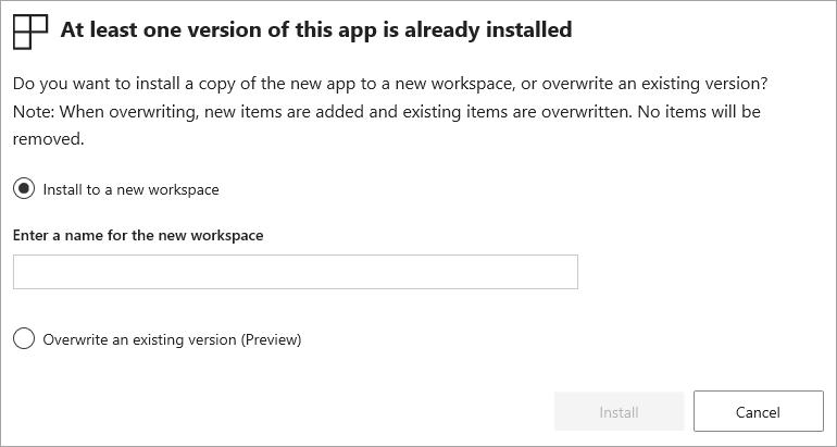 Screenshot of the Update app dialog. The option called update the workspace and the app is selected.